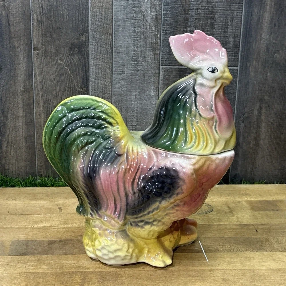 Vintage 1950s American Bisque Pottery Rooster Cookie Jar Colorful Farmhouse